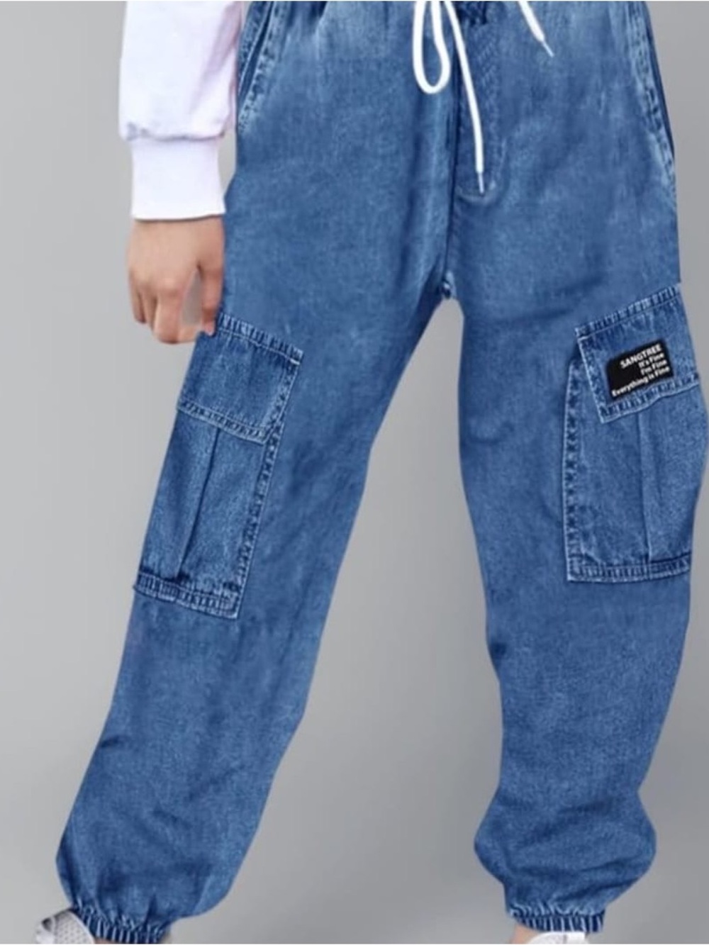 Kids Blue Cargo Denim Jogger Pants